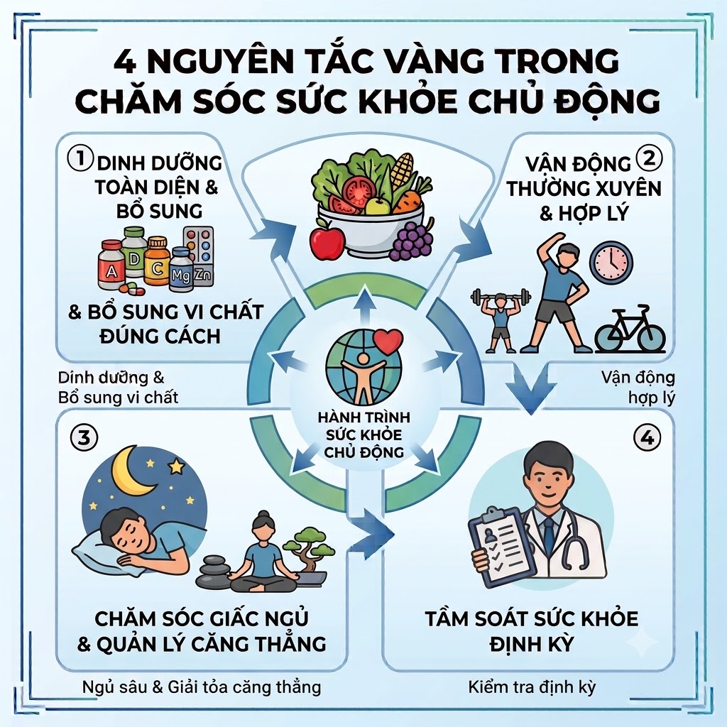 Giải Mã Chăm Sóc Sức Khỏe Chủ Động "4 Trụ Cột Vàng Cho Cuộc Sống Bền Vững & Tối Ưu Năng Lượng"